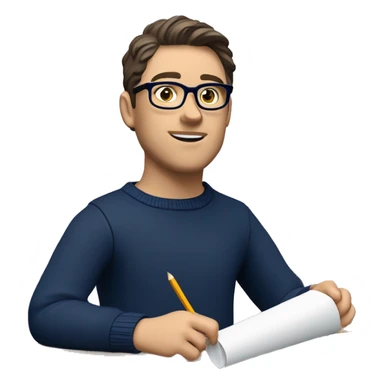 caucasian white boy with dark wavy  hair, blue glasses, and carrying design paper plan because he is an architect carrying a pencil and a set model maquette. wearing a navy blue long sleeve sweater shirt. smart.  sticker