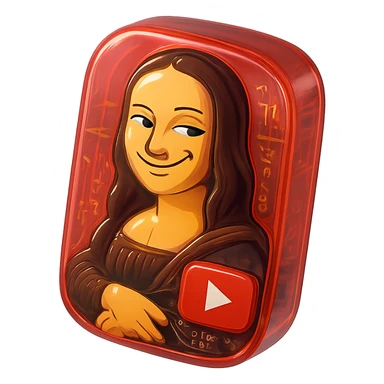 Mona Lisa with a playful sarcastic grin, red YouTube play button, glossy circuit style sticker