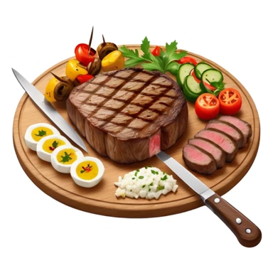 icon featuring a chef’s hat, a cutting board with fresh ingredients, a knife, a beautifully cooked ribeye steak, shashlik skewers, and a plate of food in the making. The design captures the passion of cooking with warm, inviting colors, and realistic textures. Transparent background. sticker