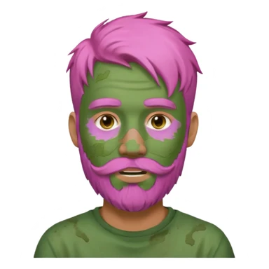 pink haired man with full full face dirty messy green clay mask and beard sticker
