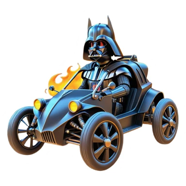 Mad max survival apocalypse ghostly sporty Darth Vader’s Batman-armored 1886 black graphite colored school buggy with horizontal holographic flames painted on the body sides and neon under glow  sticker