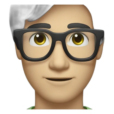 White man with clear glasses frames,swoopy black straight hair, blue-green eyes, smiling sticker