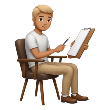 A man sits in a chair and draws sticker