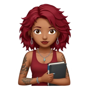 a pretty tan indian bratz girl with messy dark wavyred hair, wearing a dark red tank top, layered silver necklaces. Carrying multiple sketchbooks and pens, tattoos on arm sticker