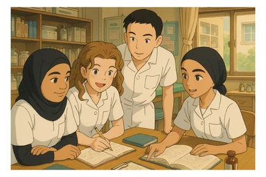 Ghibli style interior scene with a group of four nursing students working together. They wear white short-sleeve uniforms with V-neck medical tunics and a left chest pocket, no stethoscopes or clothes under the tunic. Warm atmosphere with visible interaction and a different composition. sticker