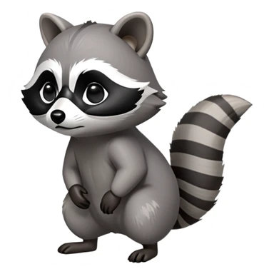 Cinematic-cute Raccoon-Realistic-hunched Full-Body on all fours-Emoji – Tail flicking lazily, head tilted dramatically, thick grey fur with a signature black mask, sharp and alert ears, simplified yet realistic focused features, highly detailed, glowing with an almost sarcastic glow big black eyes realistic body sticker