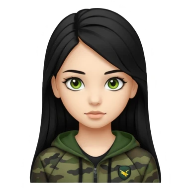 cute teenage girl, cute black trendy athletic clothes, light tan skin, very dark camo green eyes, long black hair, very long eyelashes sticker
