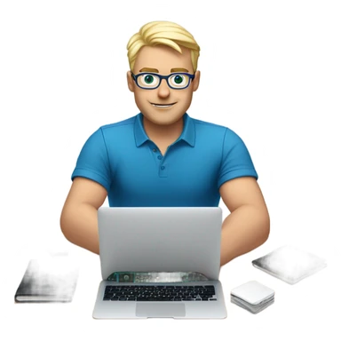 man looks 35 classes, european, tech nerd love pcb designing, blue shirt blond short hair, blue eyes with specs behind macbook on with pcb on the desk sticker