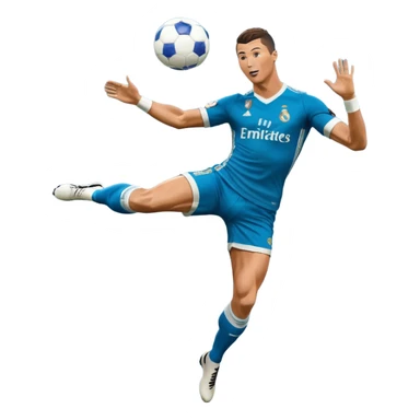 Ronaldo doing a bicycle kick with football in mid air While wearing a Retro blue Real madrid kit and yes i want it to be exactly the same as he Scored it in 2018 vs Juventus  sticker