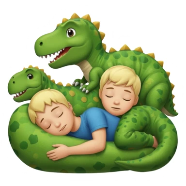 Blond boy sleeping with green pillow with dinosaur sticker