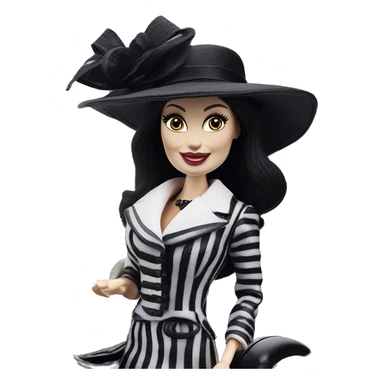 Kentucky Derby Barbie, 1910 Morticia Addams from academy, in dark-gray and black striped outfit with hat. Smiling Driving Mercedes convertible sports car. Pale-white porcelain skin.  sticker