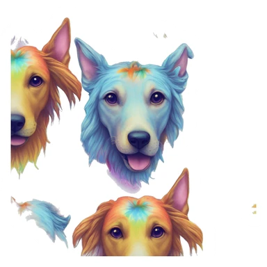 Multicolored rainbow retro groovy tie dye hippie trippy floral patterns on a metallic holographic iridescent blue dog face head unicorn sticker