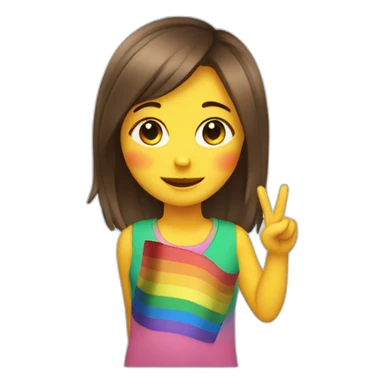 Girl with rainbow flag in the back doing a peace sign and a winky face sticker