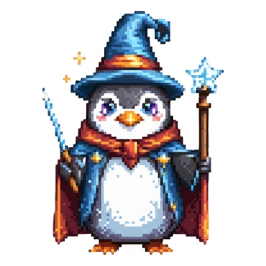 penguin wearing wizard hat and robe holding a magic wand sticker