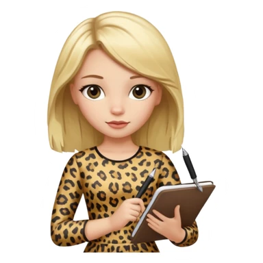Blond hair girl with a leopard print dress and black leggings holding a note book and a pen sticker