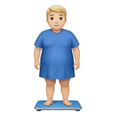 A young male with short dark-blonde hair and medium-light skin, only slightly overweight. He stands on a scale with a relieved, happy expression after noticing weight loss. He wears blue cloth, his posture relaxed with a gentle smile. sticker