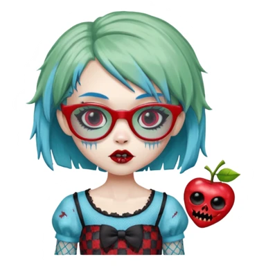 Ghoulia yelps monster high doll in scene/emo style cherry print dress with fishnet sleeves, clothes, thin, small, red, rectangle glasses, pale white-blue skin, pale-green short shaggy hair , zombie scars , boy sticker