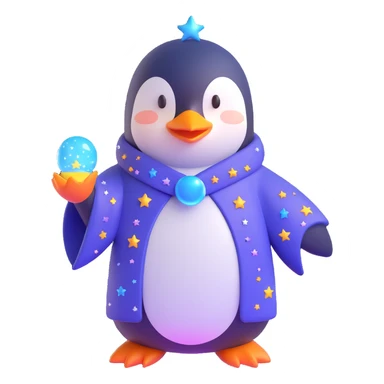penguin wizard with a starry robe and magical aura in 3D style sticker