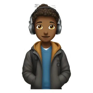 student standing by locker with wireless headphones, winter coat, and cell phone sticker