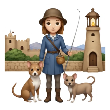 girl with brown eyes and light brown hair standing next to an Andalusian rat-catcher dog sticker