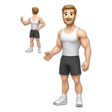 Full height Actively gesturing with hands Pale skinned Fit Man With the biceps and brown hair in dark gray Sleeveless Mike, black oversize sports shorts, watch and white Sneakers sticker