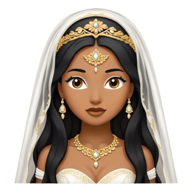 bride with long black hair, gold jewelry, brown skin, and shows full white wedding dress and veil sticker