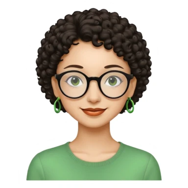 Very slim woman, light skin, short dark curly hair, black round glasses, green earrings, thin build, warm smiling face. Cartoon style. sticker