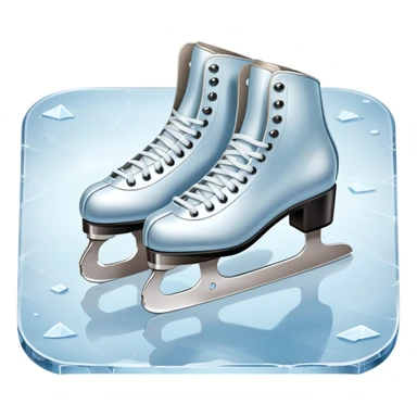 An icon featuring a pair of elegant figure skates resting on scratched ice in the center of an ice stage. The background shows distant spectator stands, with soft spotlights highlighting the skates. Transparent background emphasizes the quiet beauty of the scene. sticker