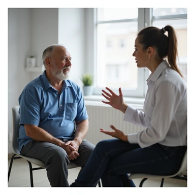 realistic image of a patient sitting in a clinic, therapeutic exercises not suitable for his condition, physiotherapist explaining the situation with gestures, clinical details, professional atmosphere sticker