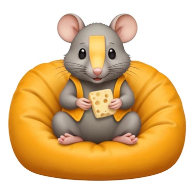 rat sitting in bean bag chair while eating cheese sticker