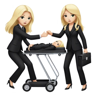 Two woman in black pants suits whit long hair . One is blond one has black hair. They are punching a funeral stretcher.  sticker