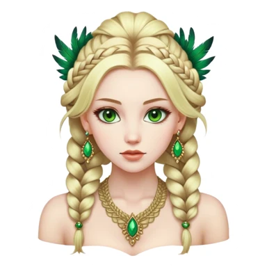 lady with Pale complexion, sharp features, high cheekbones, Blonde hair, green eyes, feathered ornaments, intricate braids with voluminous hairstyle sticker