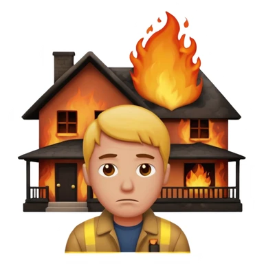 sad man standing with a house on fire behind him, apple style emoji sticker