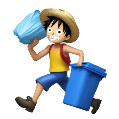 Luffy from one piece taking out his recycling bin, which has a blue body and yellow bin lid. He is wheeling the bin outside sticker