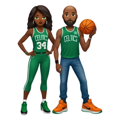has blue eyes, is

48-year-old dark skin black woman with brown eyes, long dark brown hair, dressed in a sexy Boston Celtics outfit & wearing stilettos. A White bald white man with an orange beard & facial hair. He is wearing a Jason Tatum Boston Celtics Jersey, jeans & green Nike sneakers sticker