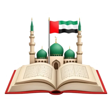 An icon featuring the mosque and the big flag of United Arab Emirates, symbolizing the Arabic language. The design includes an open book with Arabic script and calligraphy, representing language learning and cultural heritage. Transparent background sticker