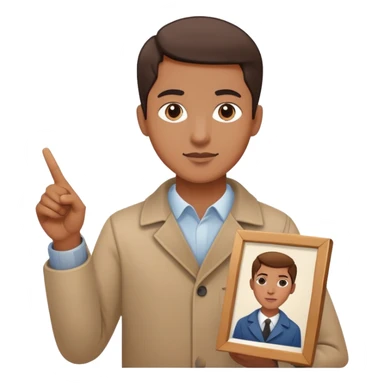 Person pointing at inspiring finished portrait rather than scattered paints sticker