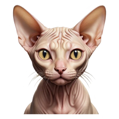 Cinematic Meme-Worthy Grumpy Sphynx Cat Portrait Emoji, Head held high but eyes filled with dramatic disappointment, hairless, wrinkled skin forming deep furrows of discontent, large ears positioned like tiny radar dishes of judgment, signature scowling mouth and narrowed eyes radiating pure disapproval, Simplified yet hilariously over-exaggerated features, highly detailed, glowing with an aura of supreme annoyance, high shine, exhausted yet judgmental, stylized with an almost regal pettiness, bright but brooding, soft glowing outline, capturing the essence of a feline that has seen it all and is thoroughly unimpressed, so meme-worthy it feels like it could instantly become the next viral sensation of grumpiness! sticker