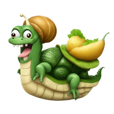 hybrid of snail and crocodile holding a potatoe with a sly grin on its face sticker
