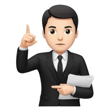 A white man in a black suit stands with a serious face and points at his hand holding papers. sticker