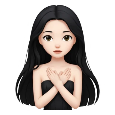 Pale girl with long black hair and black strapless dress with hands over her heart sticker