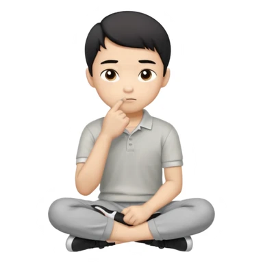 Cartoon Asian boy sitting cross-legged, clearly resting his closed fist against his cheek, looking thoughtful with a slight smirk. White polo, gray pants, black shoes, large eyes, short black hair. Clean vector style, flat colors, black background. sticker