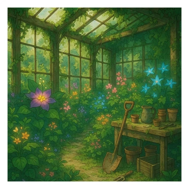 Overgrown greenhouse with forgotten tools and blooming magic herbs. sticker