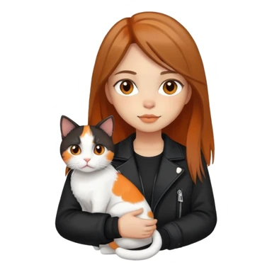 Light-skinned girl with brown straight hair wearing a black jacket, holding one pure white cat and one calico cat with orange black patches sticker