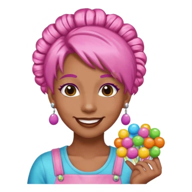 candy shop vendor, looking like candy with candy earrings and candy hair sticker