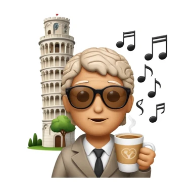 humorous brain with sunglasses sipping espresso surrounded by musical notes and leaning tower of Pisa sticker