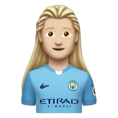 Realistic Erling Haaland has long hair, in a catogan. He is wearing Manchester City football shirt.It has the numéro 9 sticker