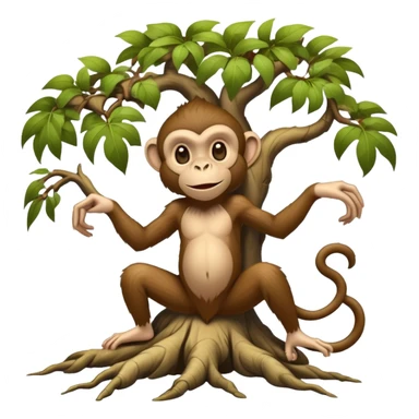 A mythical being standing on human feet with gnarly tree roots for legs and a playful monkey face sticker