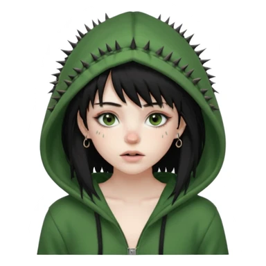 girl with black long layered hair with wispy bangs, pale skin, full body nude, freckles on nose, dark nude colored lipliner, fluffy lashes, green hooded eyes, black spiky septum ring, eyebrow piercing, blush, thin black eyebrows, nude, sexy body, ass and boobs sticker