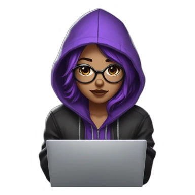 Girl broun artist with round glasses left side behind his laptop with this style: valorant riot Game purple character purple black hooded hacker themed character sticker